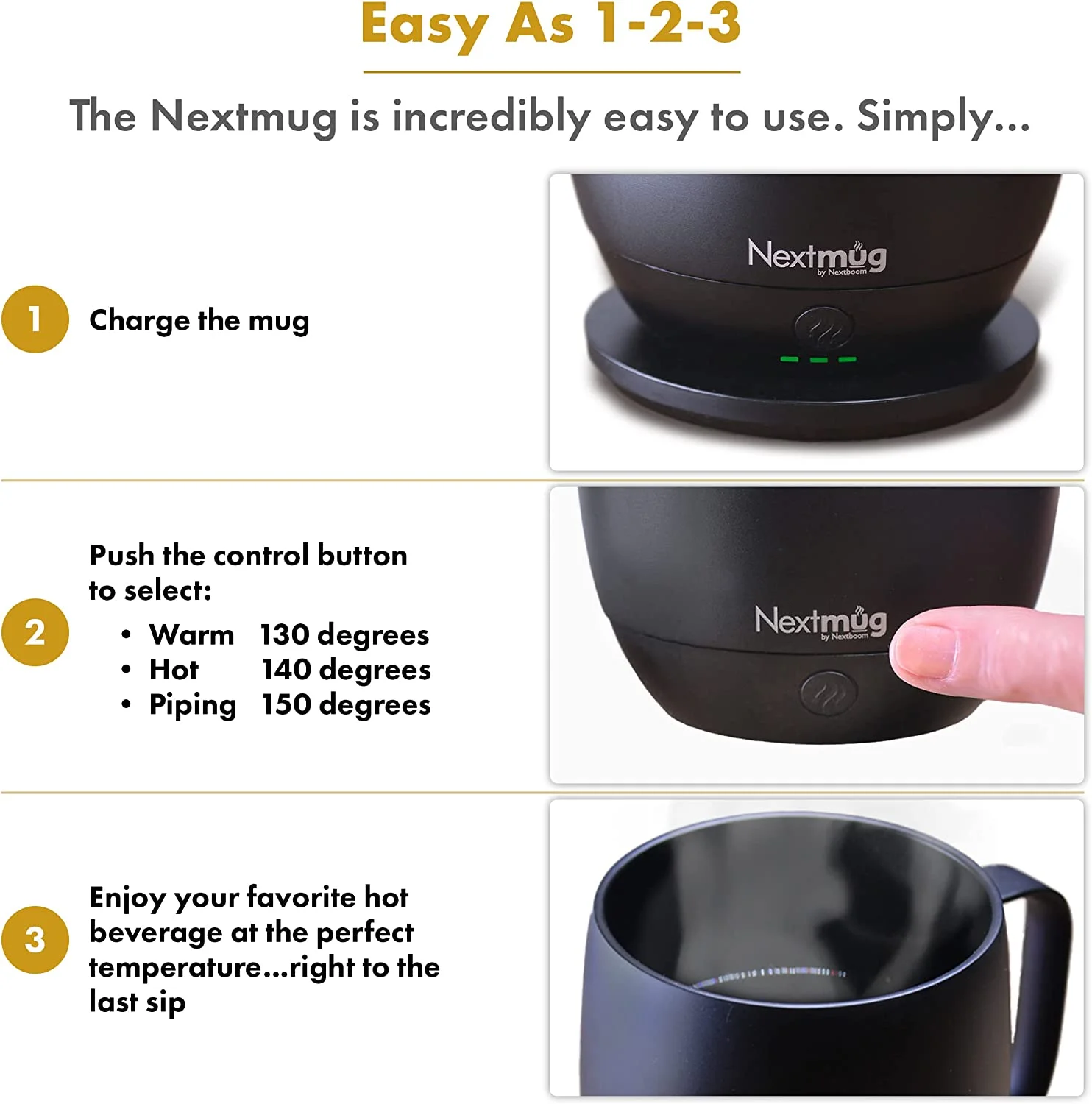 Nextmug by Nextboom - Temperature-Controlled, Self-Heating Coffee Mug (Black - 14 oz.)