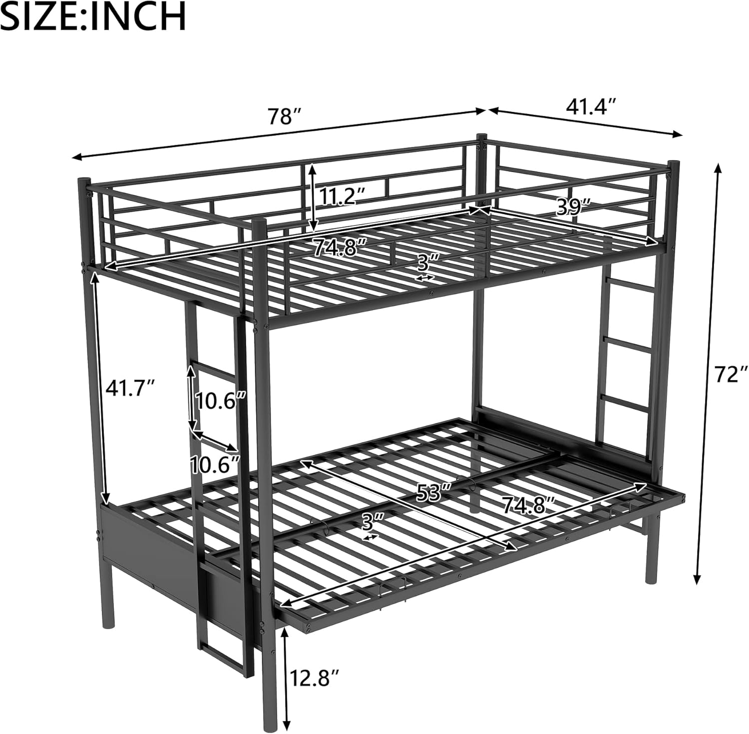 Twin Over Futon/Full Bunk Bed, Convertible Couch and Bed, Heavy Duty Metal Frame with 2 Side Ladders and Guardrail for Kids/Teens/Adults, Black