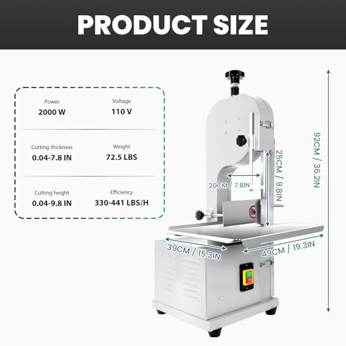 1500w Electric Meat Bone Saw, Stainless Steel Tabletop Meat Bandsaw for Butchering, Cutting Thickness 0.8-7.1 Inches, Commercial Frozen Meat Cutting Machine with 6 Blades, Workbeach 19.3 "x 15.35"