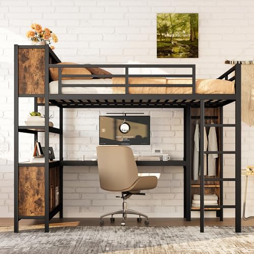 Linique Metal Loft Bed with Wardrobe & L-Shaped Desk - Sturdy Space-Saving Loft Bed Includes Storage Cubes, Shelves for Kids, Teens, Adults (White, Queen)