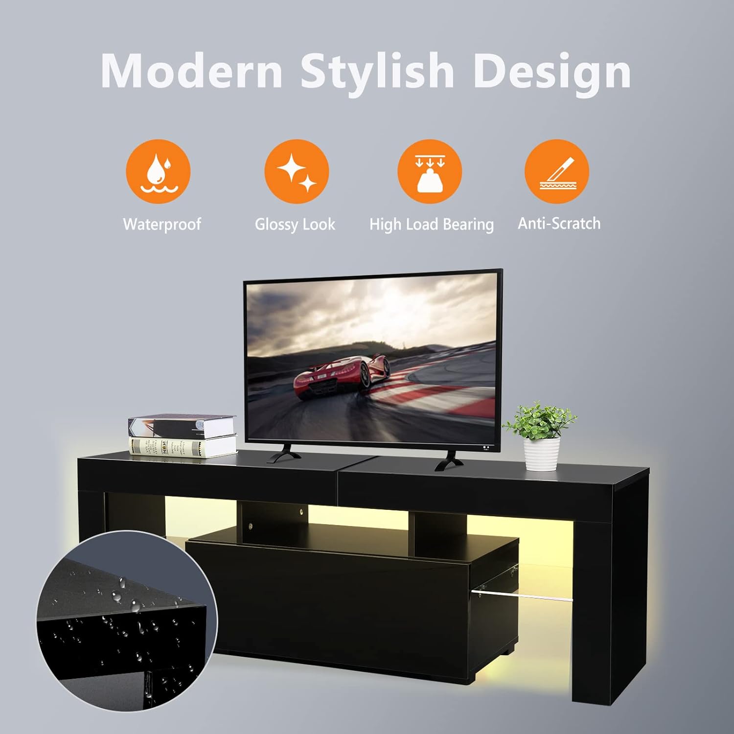 Bonnlo LED TV Stand for TVs Up to 55 Inch, Modern Entertainment Center with LED Lights and Storage for Living Room (Black, 51'' x 14'' x 18'')