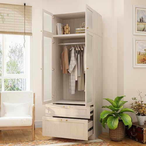 Hitow Large Wardrobe Cabinet, Wooden Armoire Closet with Frosted Glass Doors, Bedroom Wardrobe with 2 Drawer & Hanging Rod for Storage Organize, Wood Grain (63" W x 19.7" D x 70.9" H)