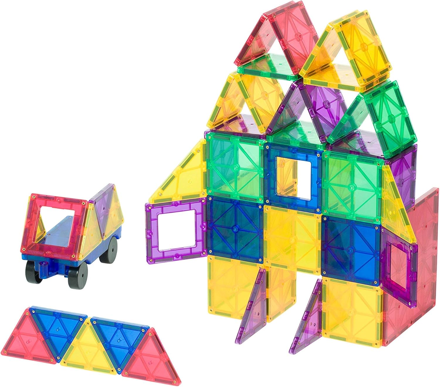 Award Winning Playmags Clear Colors Magnetic Tiles Building Set 50 + 6 Pc Set with Car - STEM Magnetic Toys Develop Motor Skills & Creativity, Colorful, Durable Magnet Building (56 Pc Set)