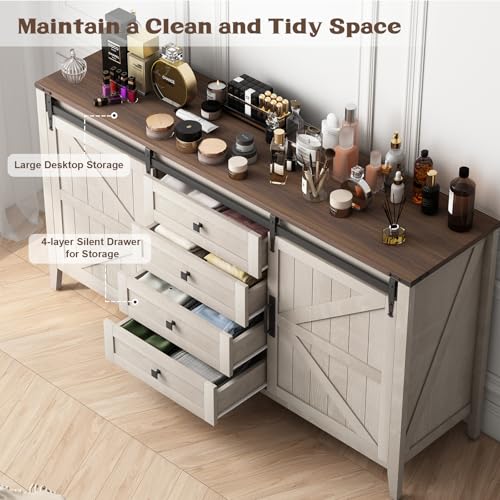 Farmhouse Dresser for Bedroom, 60" Long Dresser with 4 Drawers & Sliding Barn Door, Wide Wood Dresser, Tall TV Stand for Living Room, Buffet Cabinet with Storage Chest, White