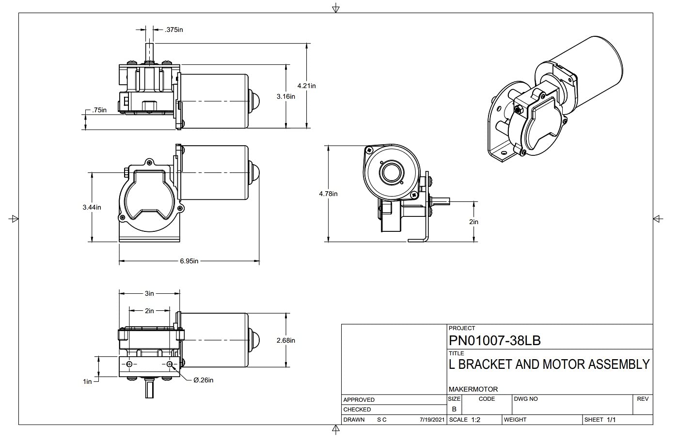 Makermotor 3/8" D Shaft Electric Gear Motor 12v Low Speed 50 RPM Gearmotor DC + 90 Degree L Bracket