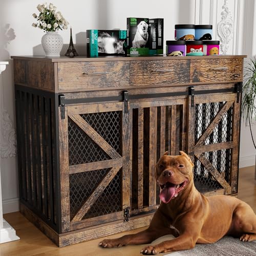 48'' Dog Crate Furniture with Removable Divider & Storage Drawers, Wooden Double Dog Cage TV Stand with 2 Sliding Barn Doors, Multi-Functional Dog Crate End Table for Indoor use (White)