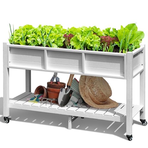 DWVO 47x18x31in Raised Garden Bed, Weather Resistant Poly Wood Planter Box Stand, Planter Box with Legs, Storage Shelf & Lockable Wheels, Elevated Garden Bed for Backyard Patio Balcony - White