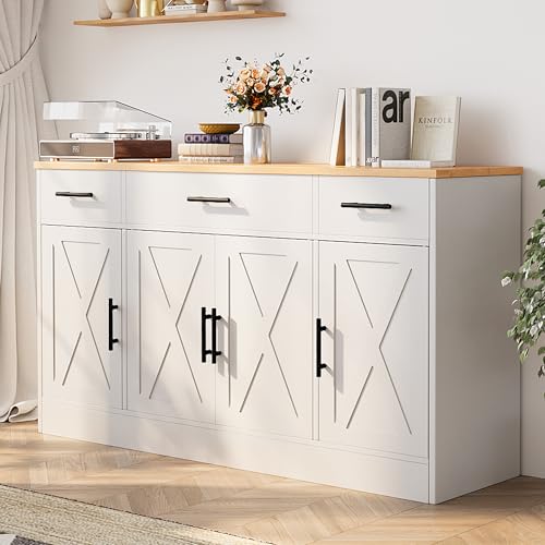 Shintenchi Buffet Cabinet with Storage,53.4" Large Kitchen Storage Cabinet with 3 Drawers and 4 Doors,Wood Farmhouse Buffet Sideboard with Adjustable Shelf for Kitchen Living Room,White
