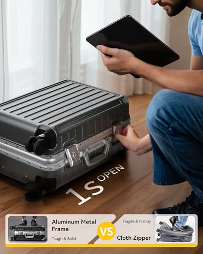LUGGEX Aluminum Frame Luggage with Spinner Wheels, Zipperless Polycarbonate Hard Shell Carry On Luggage, 20 Inch Suitcases, Charcoal Metallic