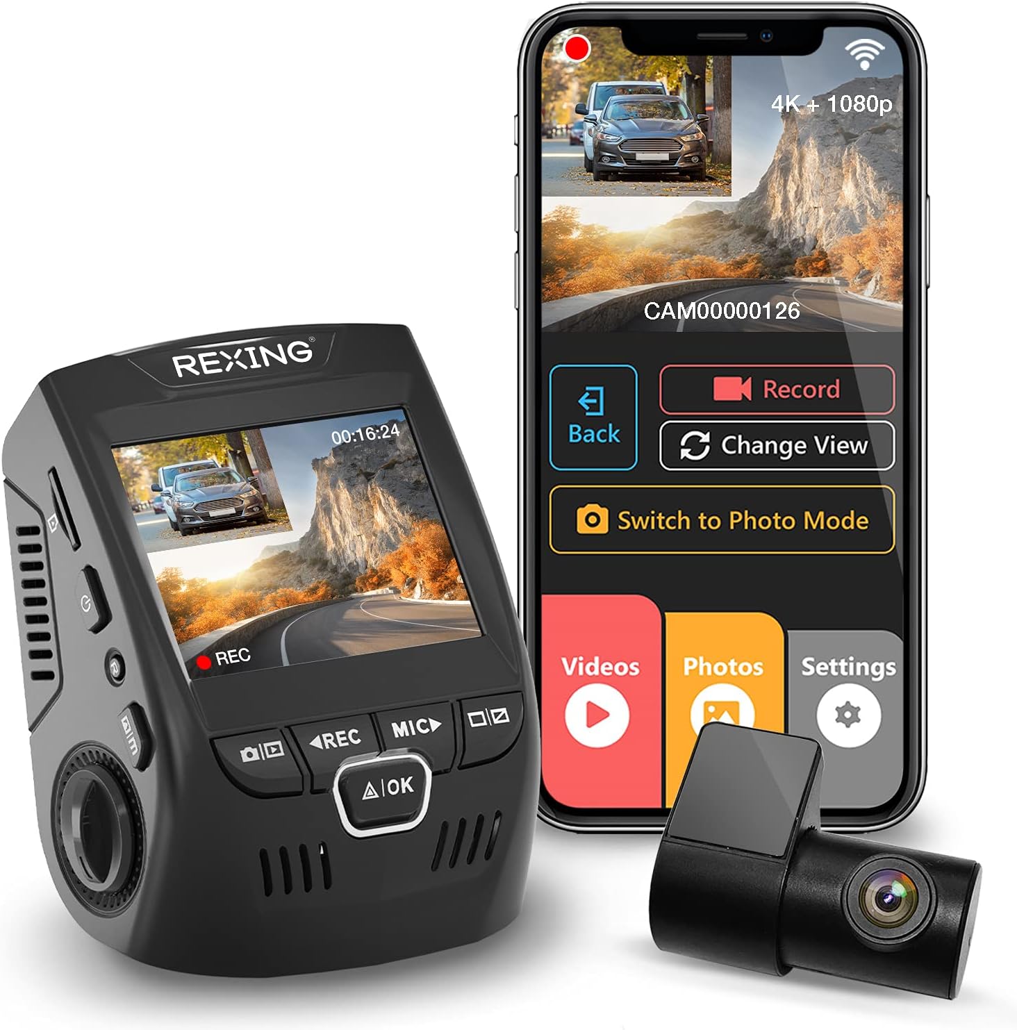 Rexing V1P 4K 2.4" LCD 2160p Front + 1080p Rear Wi-Fi 170° Wide Angle Dual Channel Dashboard Camera Recorder Car Dash Cam with Rear Cam, G-Sensor, WDR, Loop Recording Mobile App Supercapacitor （2021）