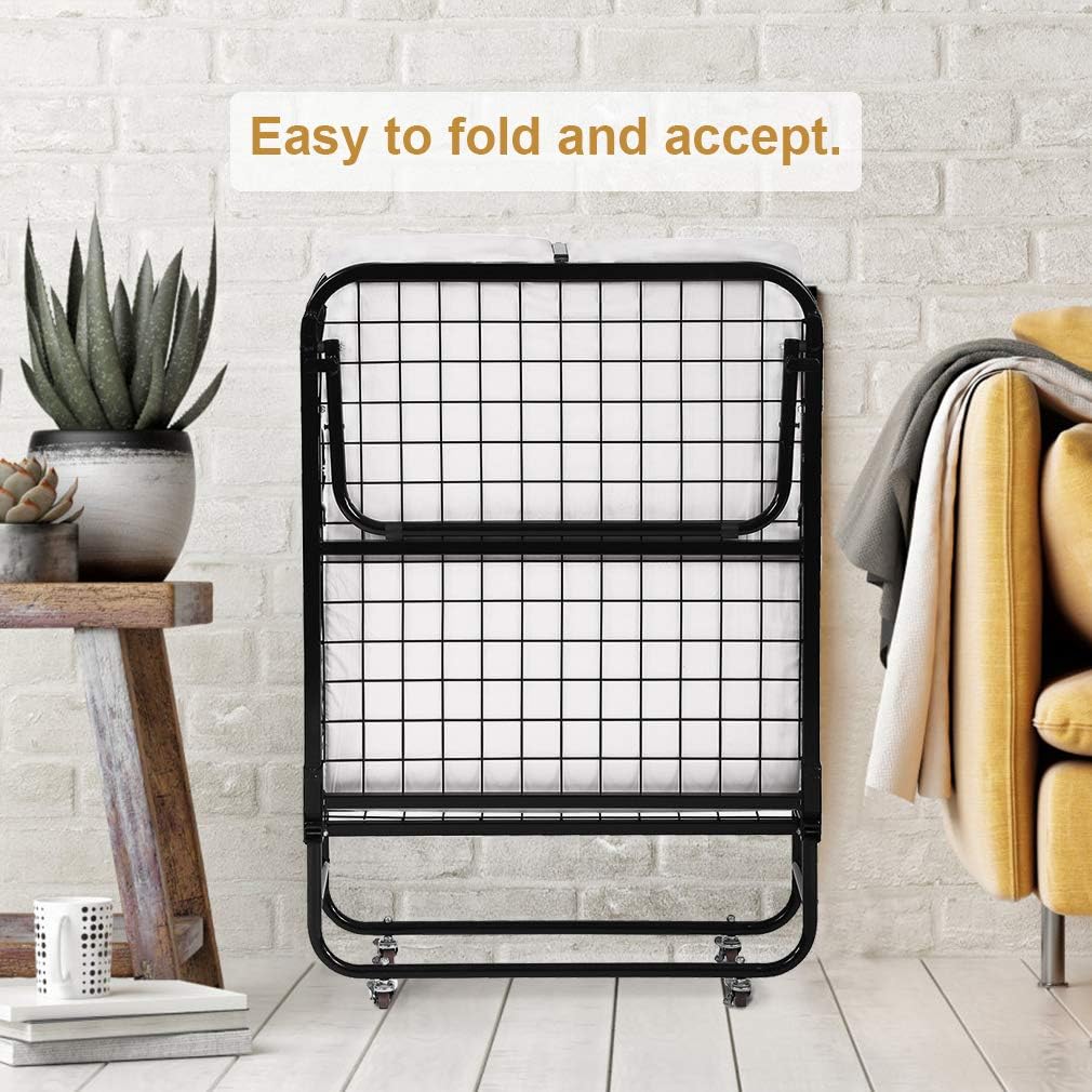 Folding Guest Bed with Wheels Portable Camping Cot Guest Beds Portable Beds Extra Roll Away Foldaway 3.9 Inch Comfort Foam Mattress Strong Sturdy Frame Heavy Duty L75W30H12 Inches，White