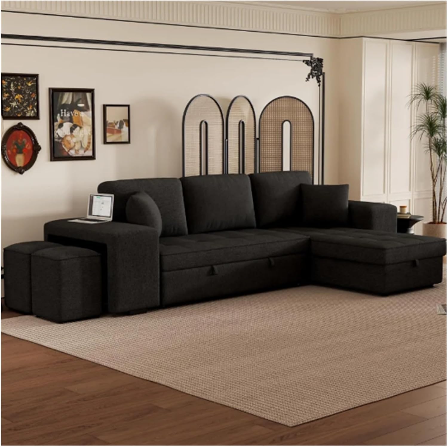TONDI 104"" Modern L-Shape 3 Seat Reversible Sectional Couch, Pull Out Sleeper Sofa with Storage Chaise Charcoal Grey,Sofa Couch, qz-7461