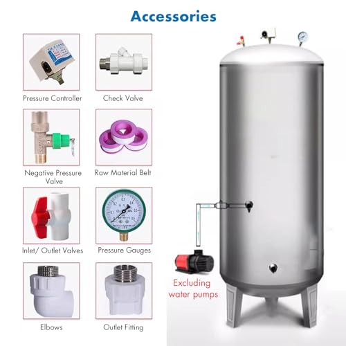 15 25 40 50 65 80 100 130 185 Gal Pressure Tank Stainless Steel/ Water Pressure Tanks for Water/ Well Pump, Vertical Water Storage Bladder Containers for Pressurized Water System - with Mounting Kit (