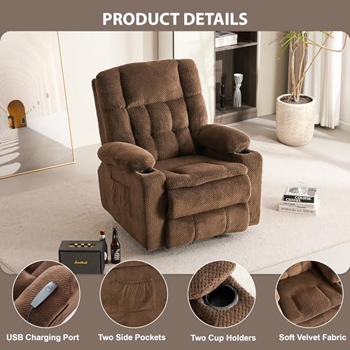 Recliner Chair, Power Lift Chair for Elderly with Massage and Heating, Ergonomic Lounge Chair with 2 Cup Holders Side Pockets, Single Sofa with Remote Control USB Port for Living Room