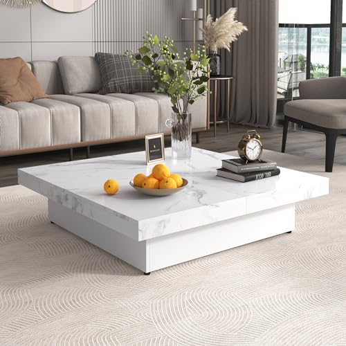 Square Coffee Table, 39.4" - 66.1" Marble Veneer Coffee Table Sliding Top with Storage, Modern Wood Center Table for Living Room, Apartment, White