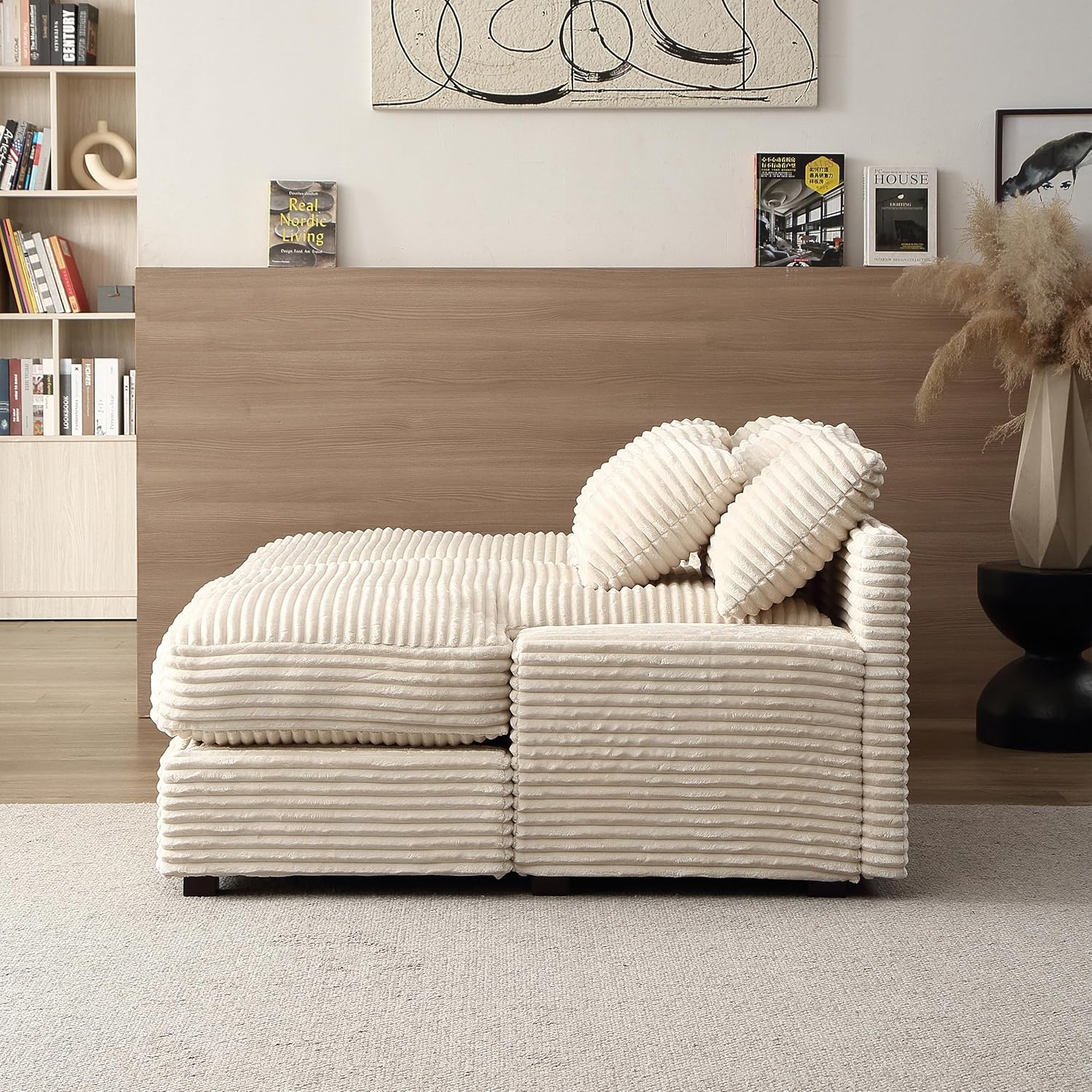 Oversized Luxe Chaise Lounge Loveseat Couch Bed, Comfy Corduroy Upholstered Indoor Leisure Sofa Recliner Daybed, Sleeper Chair with Solid Wood Legs & Throw Pillow for Living Room,Apartment