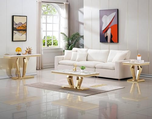 4 Piece Living Room Table Set, Faux Marble Coffee Table, Gold Console Table and 2 Gold End Tables, Rectangular Luxury Gold Coffee Table Set of 4 with Stainless Steel Diamond-Shaped Base