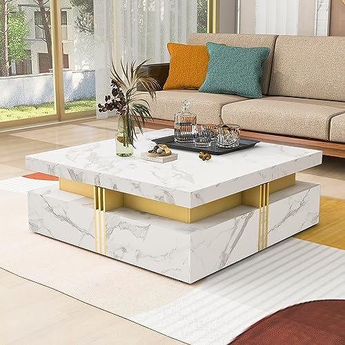 Modern Round Lift-top Nesting Coffee Tables with 2 Drawers for Living Room White & Natural