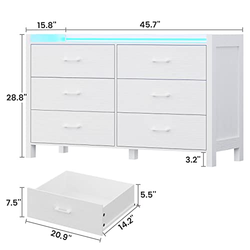 Dresser for Bedroom, 6 Drawer Double Dresser with LED Lights, Wood Chest of Drawers, Modern Storage Dresser for Bedroom, White (NSL02N)