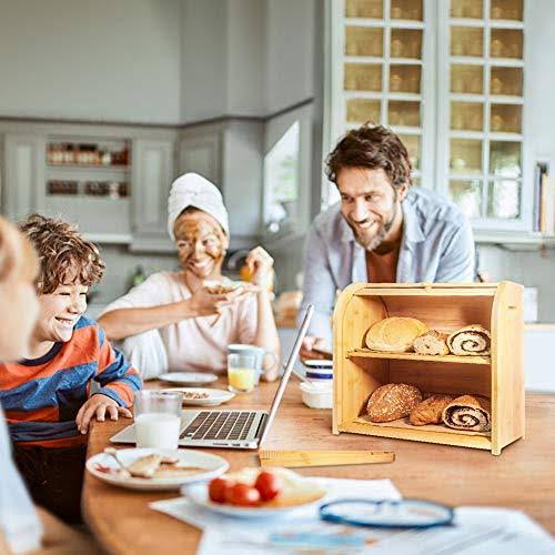 Bamboo Bread Box, Finew 2 Layer Rolltop Bread Bin for Kitchen, Large Capacity