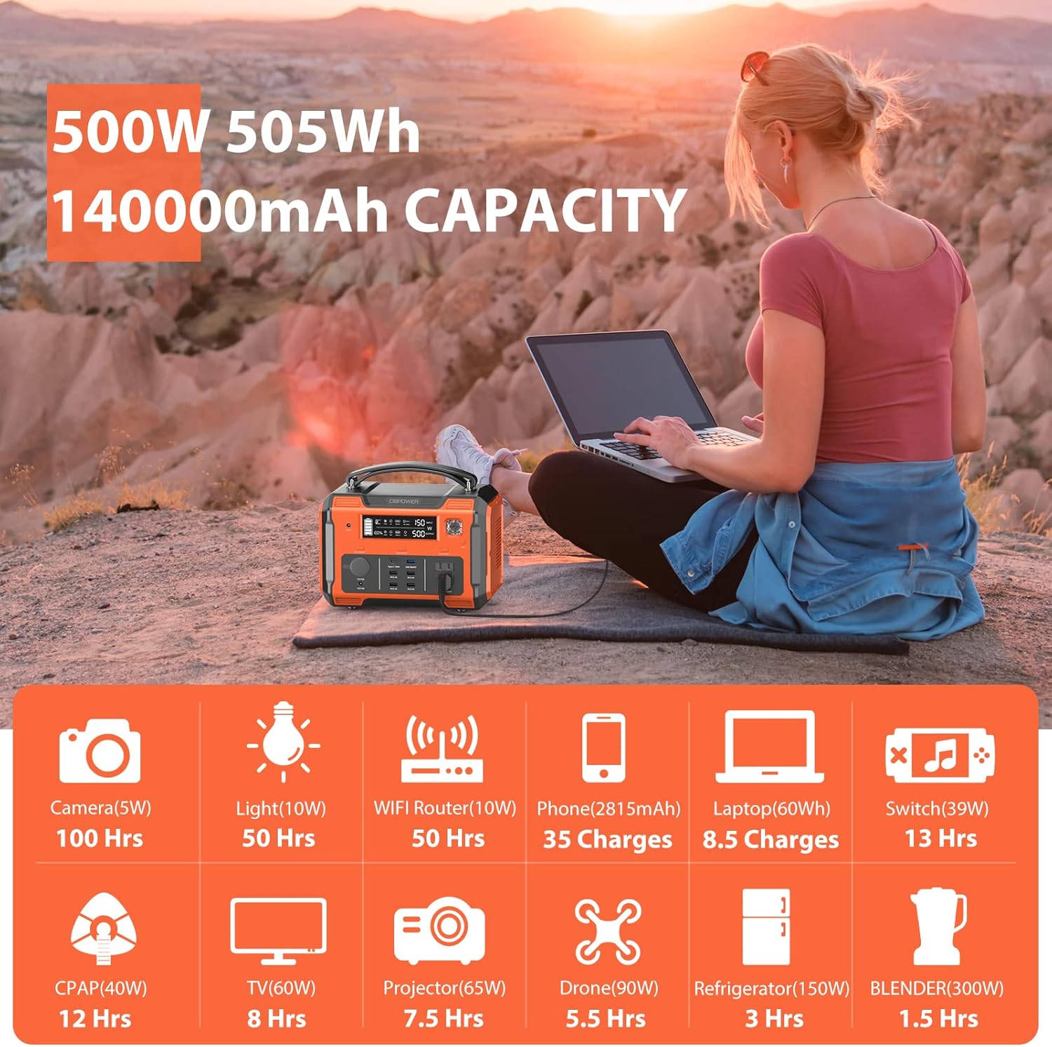 DBPOWER Portable Power Station 505Wh 500W (Peak 1000W) Outdoor Generator PD 100W Quick Charge and 2 110V Pure Sine Wave AC Outlets (Solar Panel Not Included) for Road Trip Camping Outdoor Adventure