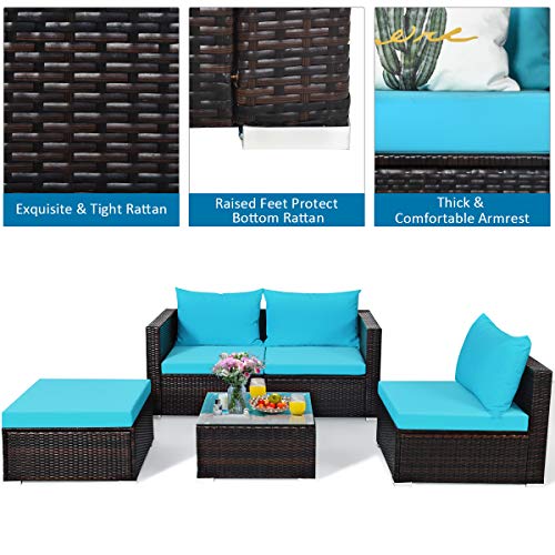 Tangkula 5 Piece Outdoor Patio Furniture Set, Sturdy Frame and Weight Capacity Up to 360 Pound, Wicker Sectional Sofa Set with Glass Top Coffee Table, Porch Garden Poolside Furniture for 4 (Turquoise)