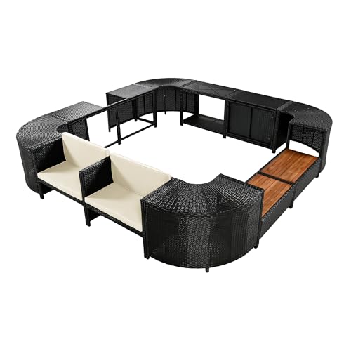 Harper & Bright Designs Spa Surround Spa Frame Quadrilateral Outdoor Rattan Sectional Sofa Set with Mini Sofa,Wooden Seats and Storage Spaces for Free Combination,Cream Beige