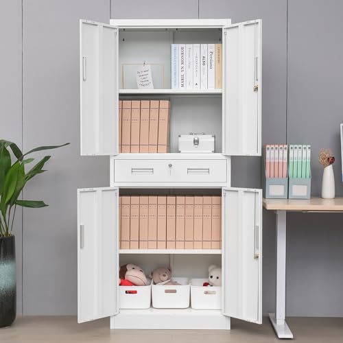Metal Storage Cabinet, 71" H x 28" W x 16" D Locking Storage Cabinet with Adjustable Shelves and One Drawer, Steel Storage Cabinet for Office, Garage, Home, School, Utility (Black)
