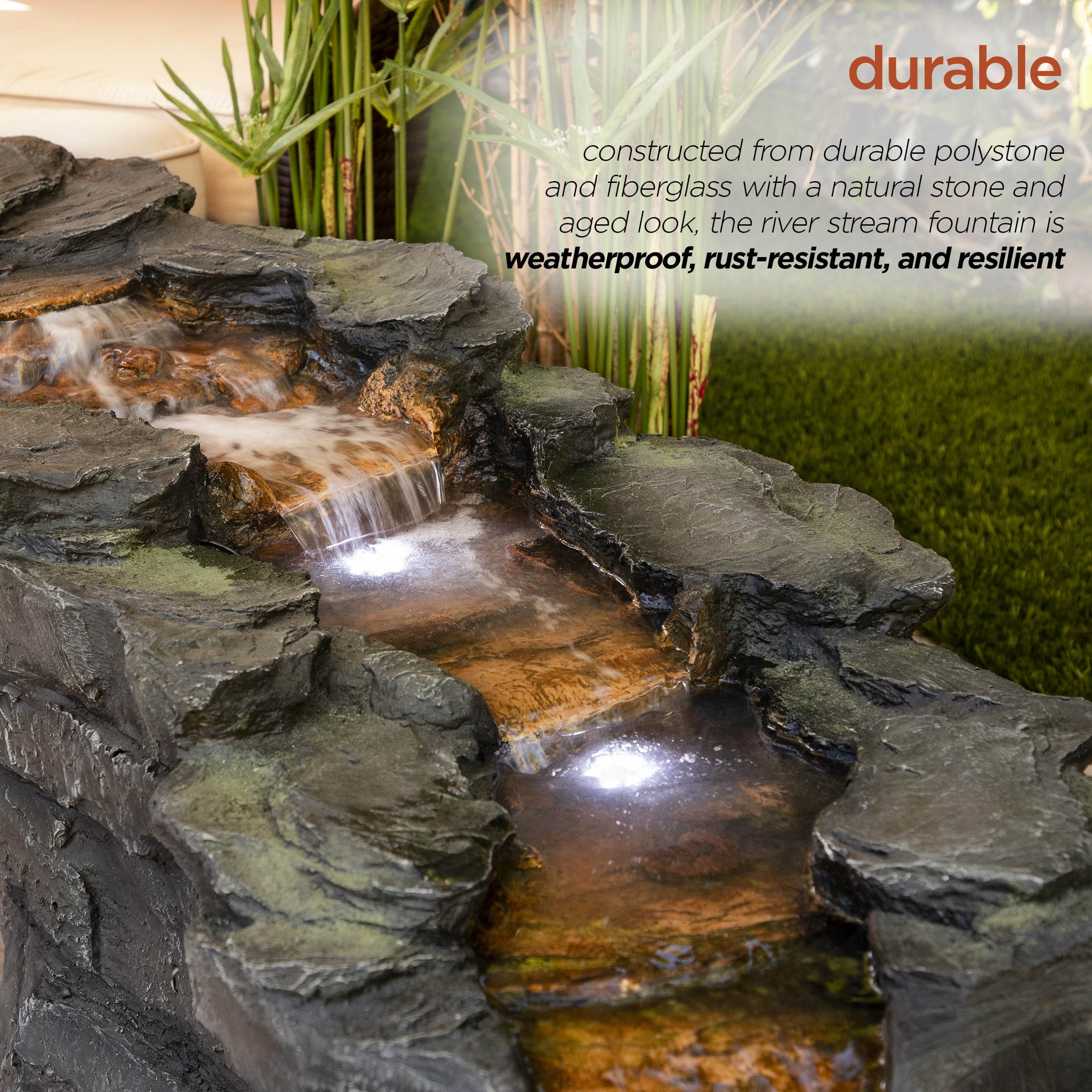 Alpine Corporation 76" Long Outdoor Tiering Rocky River Stream Water Fountain with LED Lights
