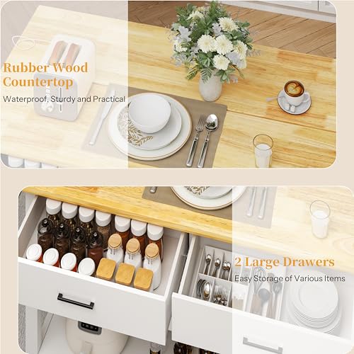 47.3" Solid Rubberwood Kitchen Island with Power Outlets - Extra Large Work Surface, 2 Drawers & Open Shelves Storage Cabinet for Kitchen Dining Room, Farmhouse Style (Grey)