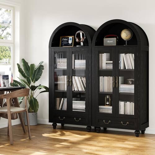 71" Farmhouse Tall Arched Storage Cabinet, Freestanding Cabinet Display Case with Glass Doors, Arched Storage Cabinet for Kitchen Pantry, Dining Room, Bookcase