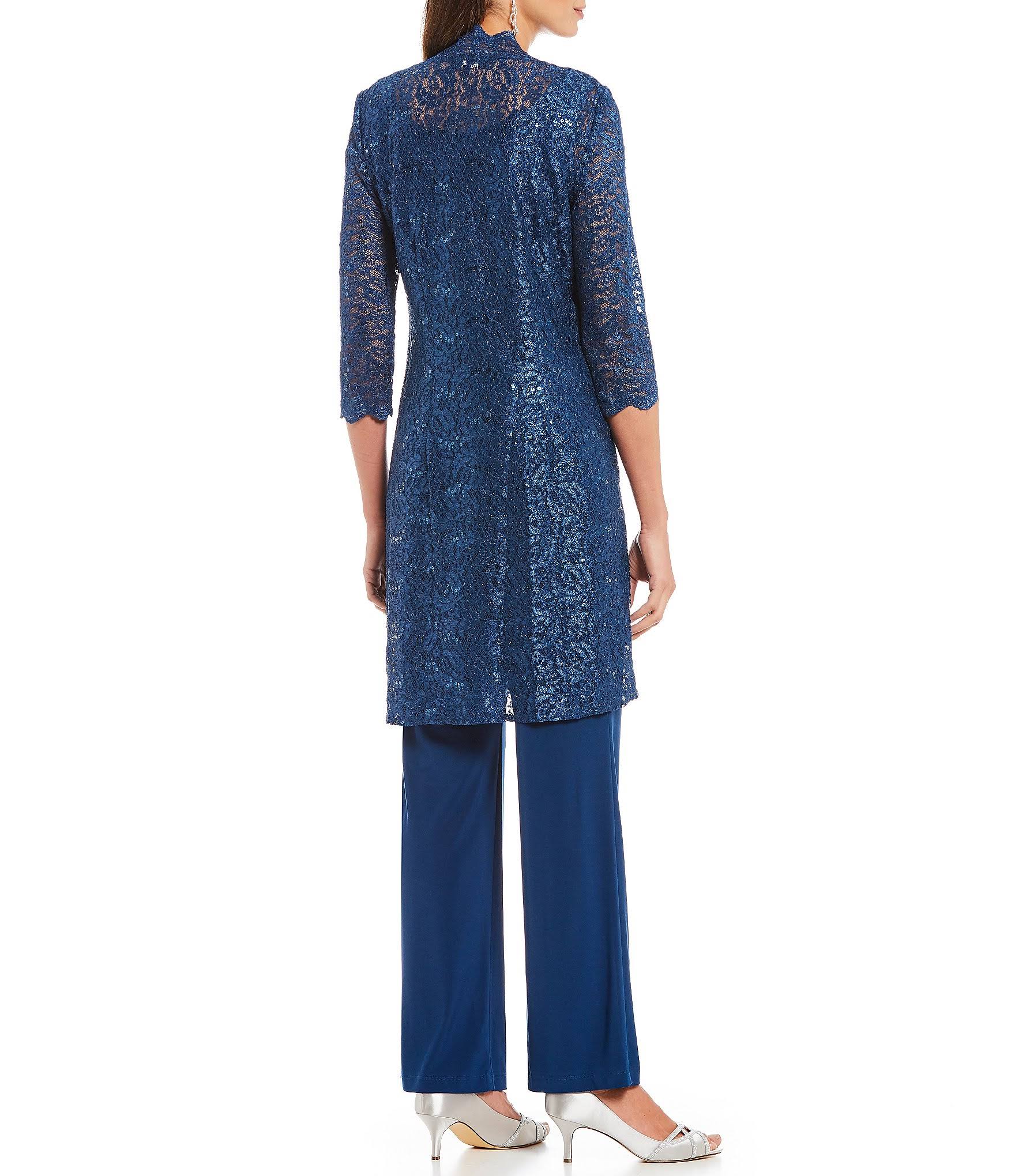 R M Richards 3-Piece Sequin Glitter Scallop Lace Duster Pant Set - 10