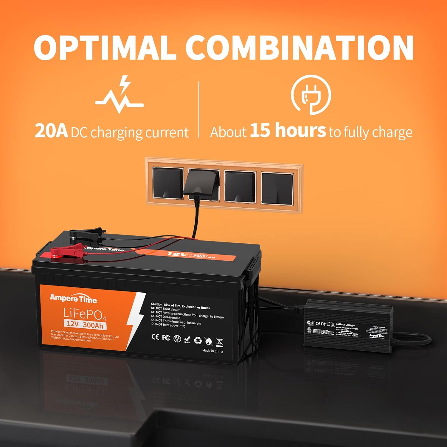 Ampere Time 12V 200Ah LiFePO4 Battery with 14.6V 20A Dedicated Lithium Battery Charger; Built-in 200A BMS, 4000+ Cycles, Perfect for RV, Solar, Marine, Overland, Off-Grid Application��