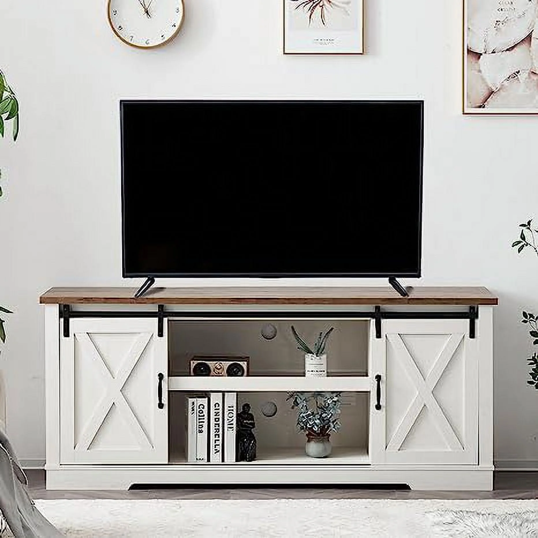 AMERLIFE Farmhouse TV Stand for 75 Inches TVs, 66" Entertainment Center with Siding Barn Door and Adjustable Shelf & Feet, Console Table with Storage, Distressed White & Rustic
