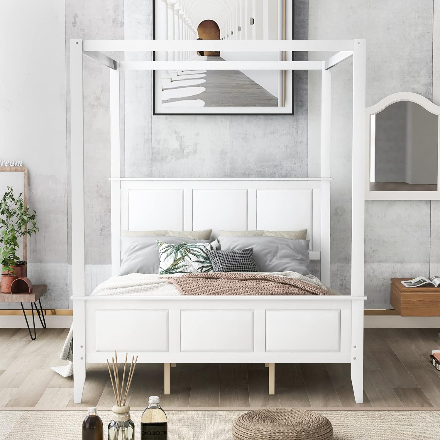 Queen Size Canopy Bed with Headboard and Footboard, Solid Wood Platform Bedframe with Four Columns & Slat Support, No Need Spring Box, Ider for Apartment, Bedroom, Guest Room, White