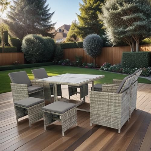 DHHU 5 Piece Outdoor Patio Furniture Set, PE Rattan Wicker Furniture, Outdoor Sectional Furniture Chair Set with Anti-Slip Cushions, Couch Coffee Table Waterproof Covers and Tea Table
