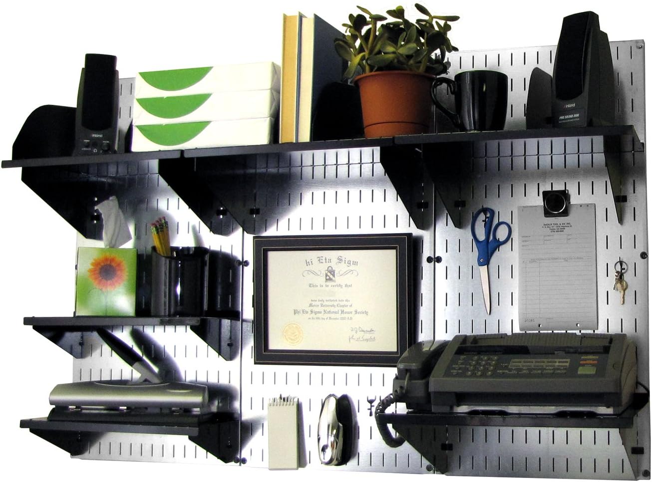 Wall Control Office Organizer Unit Wall Mounted Office Desk Storage and Organization Kit Metallic Wall Panels and Black Accessories