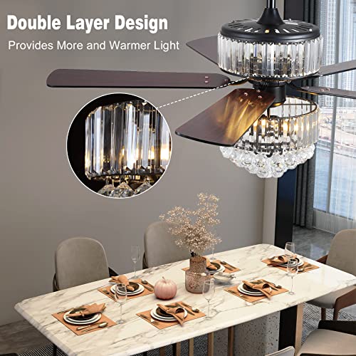 Modern K9 Crystal Fandelier Ceiling Fan with Lights and Remote Control,Outdoor Chandelier Ceiling Fan for Farmhouse,Dining Room,Living Room
