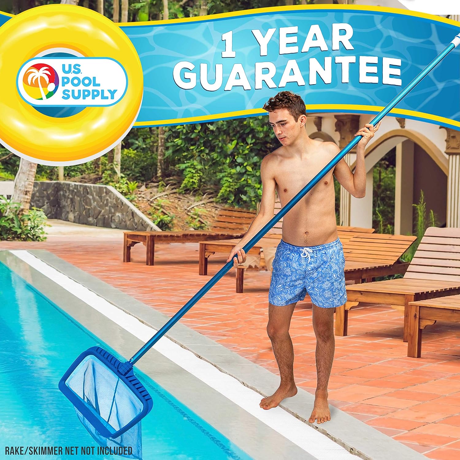 U.S. Pool Supply Professional 16 Foot Blue Anodized Aluminum Telescopic Swimming Pool Pole, Adjustable 2 Piece Expandable Step-Up - Attach Connect Skimmer Nets, Rakes, Brushes, Vacuum Heads with Hoses