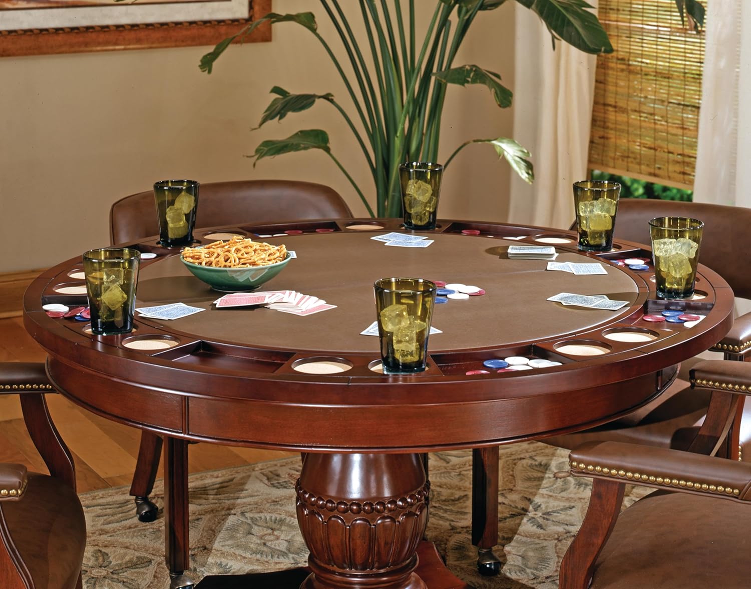 Tournament 5 Piece Dining Or Game Table Set, Hardwood Solids and Cherry Veneers, Folding Game Top, Brown Faux-Leather Surface, includes 4 Captain's Chairs