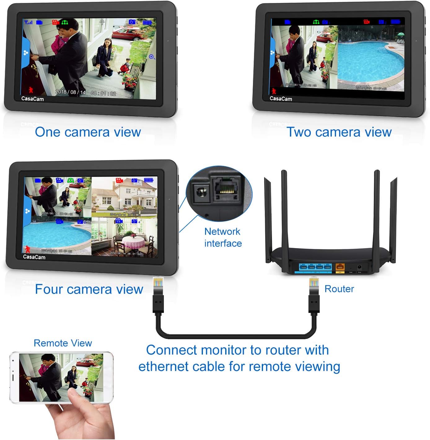 CasaCam VS802 Wireless Security Camera System with 7 Touchscreen and HD Nightvision Cameras, AC Powered (2-cam kit)