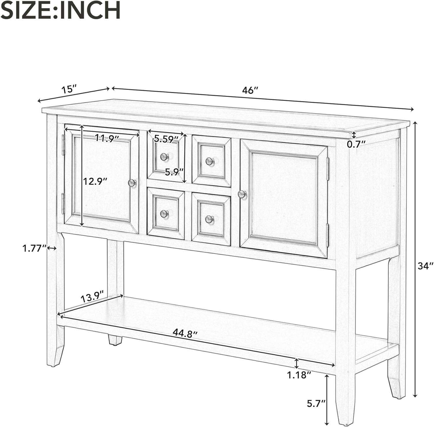 Vintage Console Table with 4 Drawers, 2 Cabinets and Open Bottom Shelf, Solid Wood Buffet Sideboard w/Storage, for Living Room Apartment Hallway Entryway, Light Navy, 46 Inch