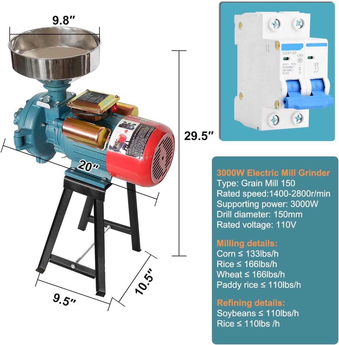 ABORON Corn Grinder Electric, Wheat Grain Mill Machine, Molino De Maiz Electrico, 3000W Dry Machine Cereals Coffee Wheat Miller, Commercial Home