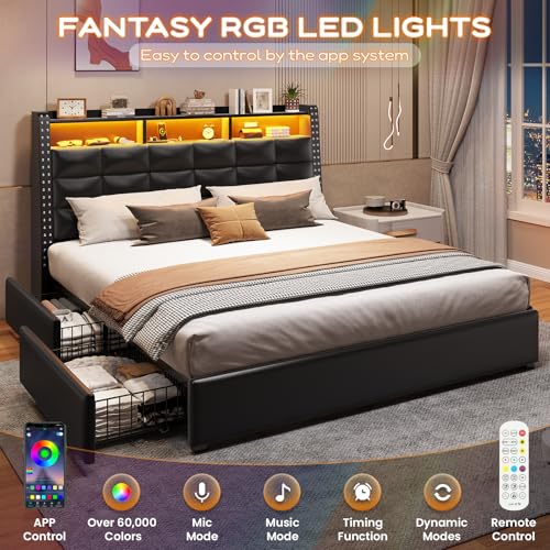 SEDETA Full Size Bed Frame with Headboard & 4 Drawers, LED Bed Frame with Charging Station, Upholstered Bed with Storage Headboard, No Box Spring Needed, Easy Assembly, Grey