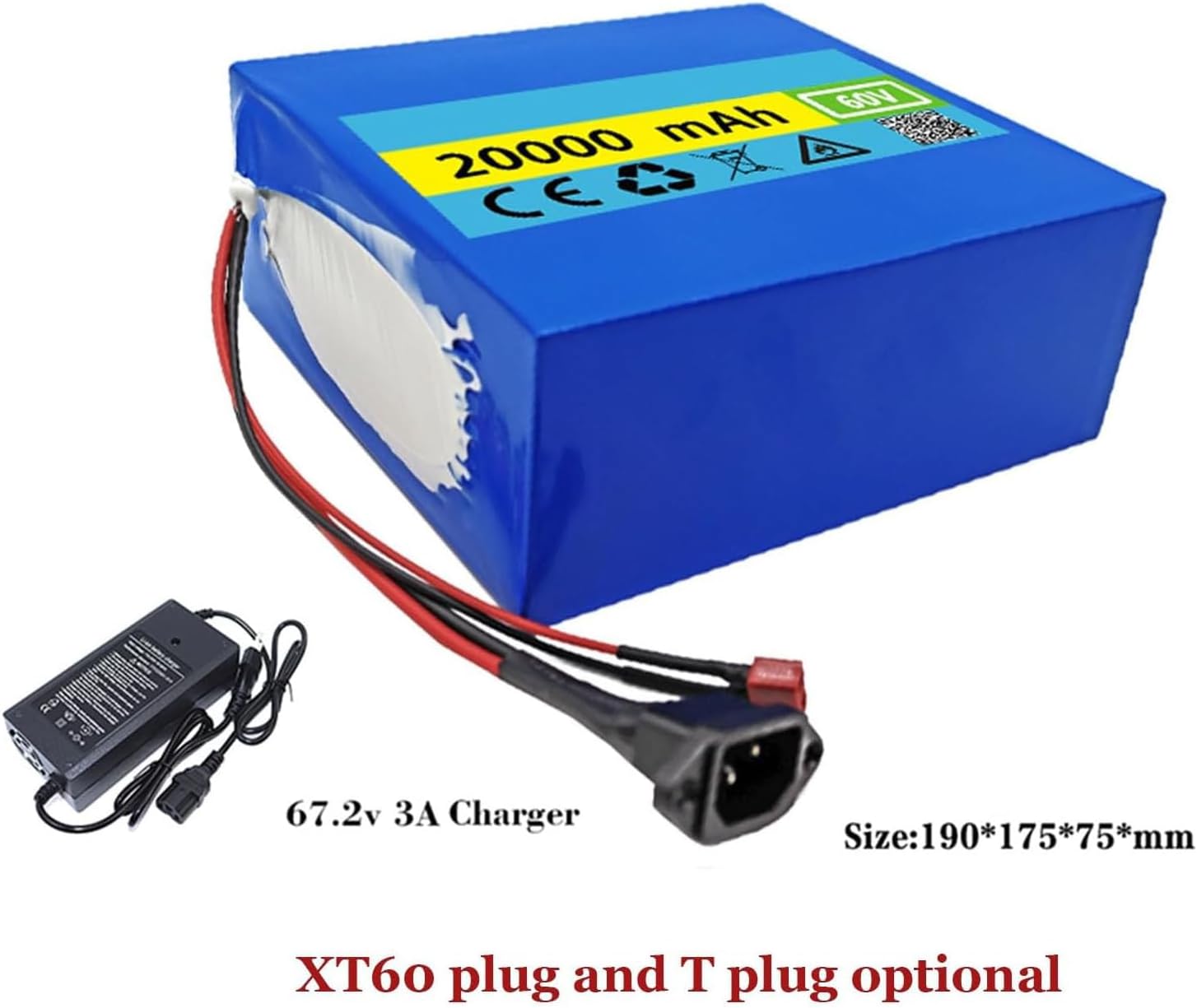 E-Bike Lithium-Ion Battery Pack 60V 20Ah for 1000W-2500W Motor Electric Bicycle Scooter,Xt60 Plug (T plug)