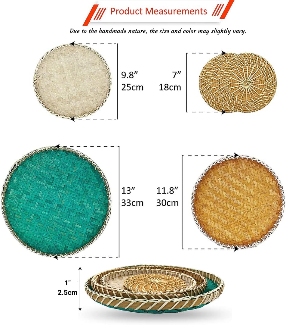 Wicker Wall Decor - Bamboo Wall Basket Decor Boho Flat - Woven Basket Wall Decor Set of 5 - Flat Baskets for Wall - Wicker Wall Hanging Serving Tray Pack of 2