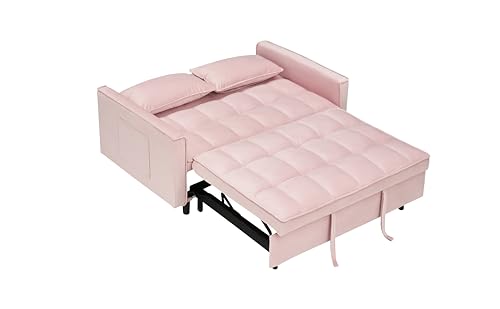 3 in 1 Convertible Sleeper Sofa Bed, Modern Velvet Loveseat with Adjustable Backrest and Side Pocket, Futon Couch with Pull Out Bed, Love Seat Lounge Sofa with 2 Pillows, for Living Room,Beige