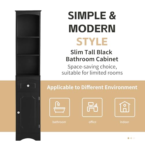 Tall Bathroom Cabinet,Narrow Storage Cabinet,Wooden Bathroom Cupboard with Door and Adjustable Shelf,Three Tier Shelves,Tall Slim Cabinet,Free Standing Linen Tower (Grey)