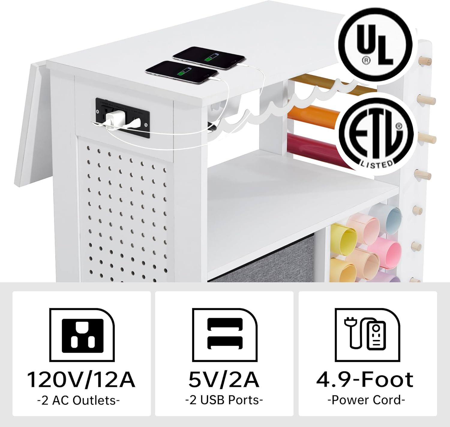 CRAFTEASE Rolling Craft Cart and Storage Table Compatible with Craft Machines Foldable Craft Cabinets w/USB Ports & Outlets Vinyl Roll Holder Craft Accessories Organizer Workstation for Craft Room