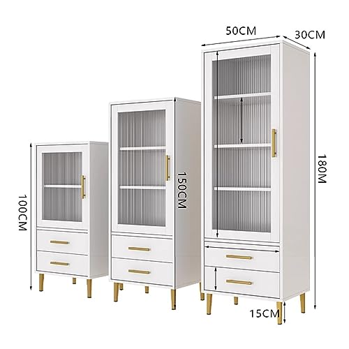 Tall Corner Cabinet with Glass Doors and 2 Drawer, Modern Storage Cabinet, White Display Cabinet, Home Storage Furniture, for Bathroom Kitchen Living Room Bedroom (White 50x30x100cm)